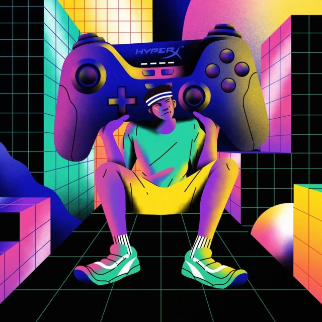 Stylized illustration of a seated person holding a large HyperX game controller, rendered in vibrant, digitally-painted colors and geometric shapes.