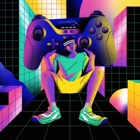 Stylized illustration of a seated person holding a large HyperX game controller, rendered in vibrant, digitally-painted colors and geometric shapes.