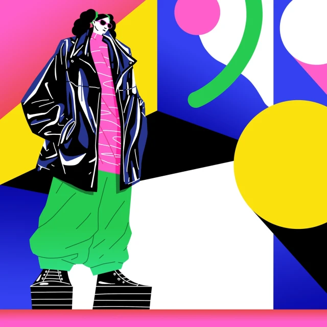 Illustrated woman in an oversized black jacket, pink striped shirt, and green pants stands against a colorful geometric background.
