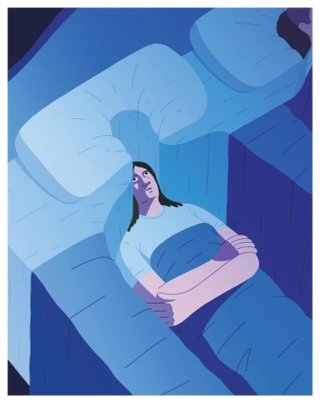 Illustration of a person lying awake in bed, with wide eyes and arms crossed, looking anxious. The room is dark, in shades of blue.