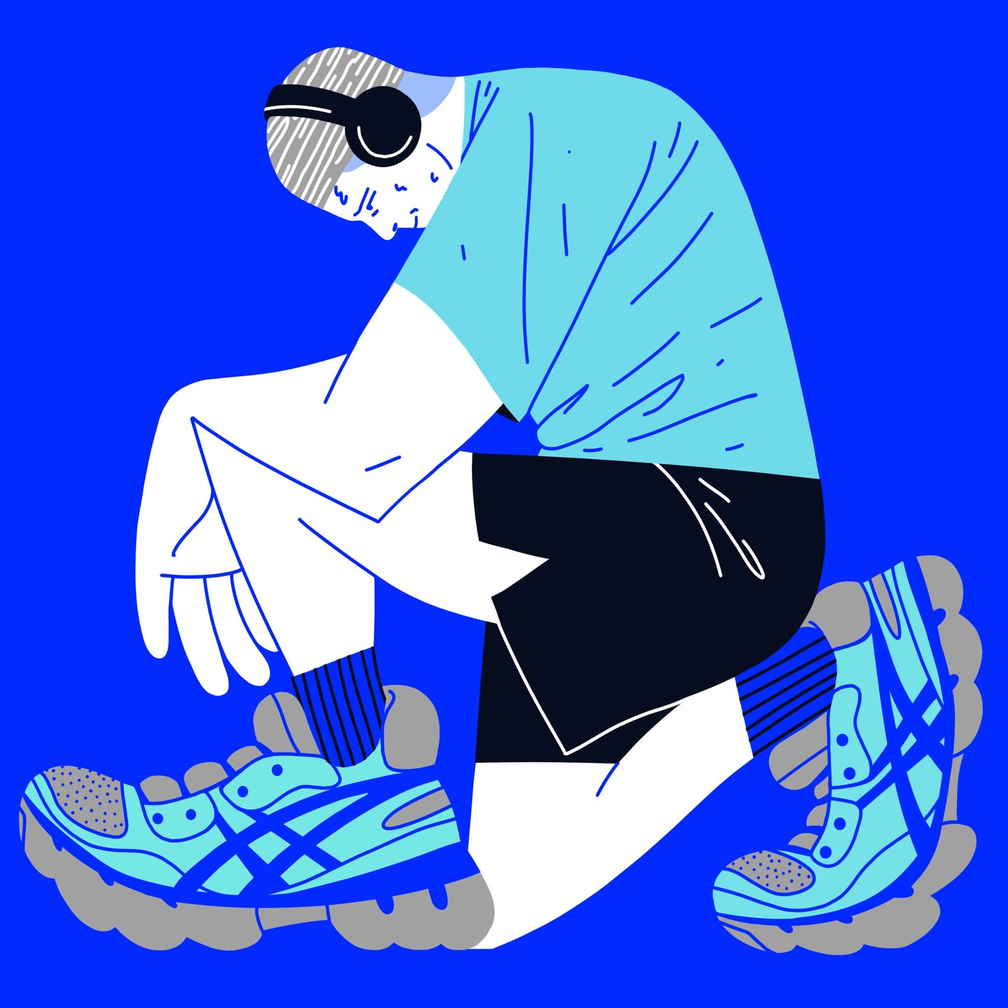 Illustration of a man in athletic wear tying his shoelace, wearing headphones, kneeling on a blue surface against a blue background.