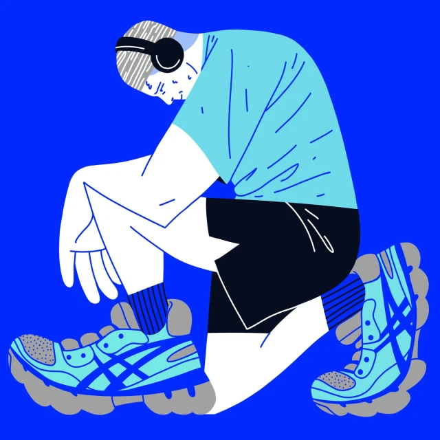 Illustration of a man in athletic wear tying his shoelace, wearing headphones, kneeling on a blue surface against a blue background.