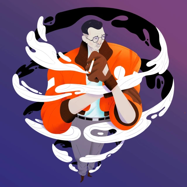 Illustration of a man with glasses, wearing an orange jacket, holding a cigarette, surrounded by abstract shapes on a purple background.