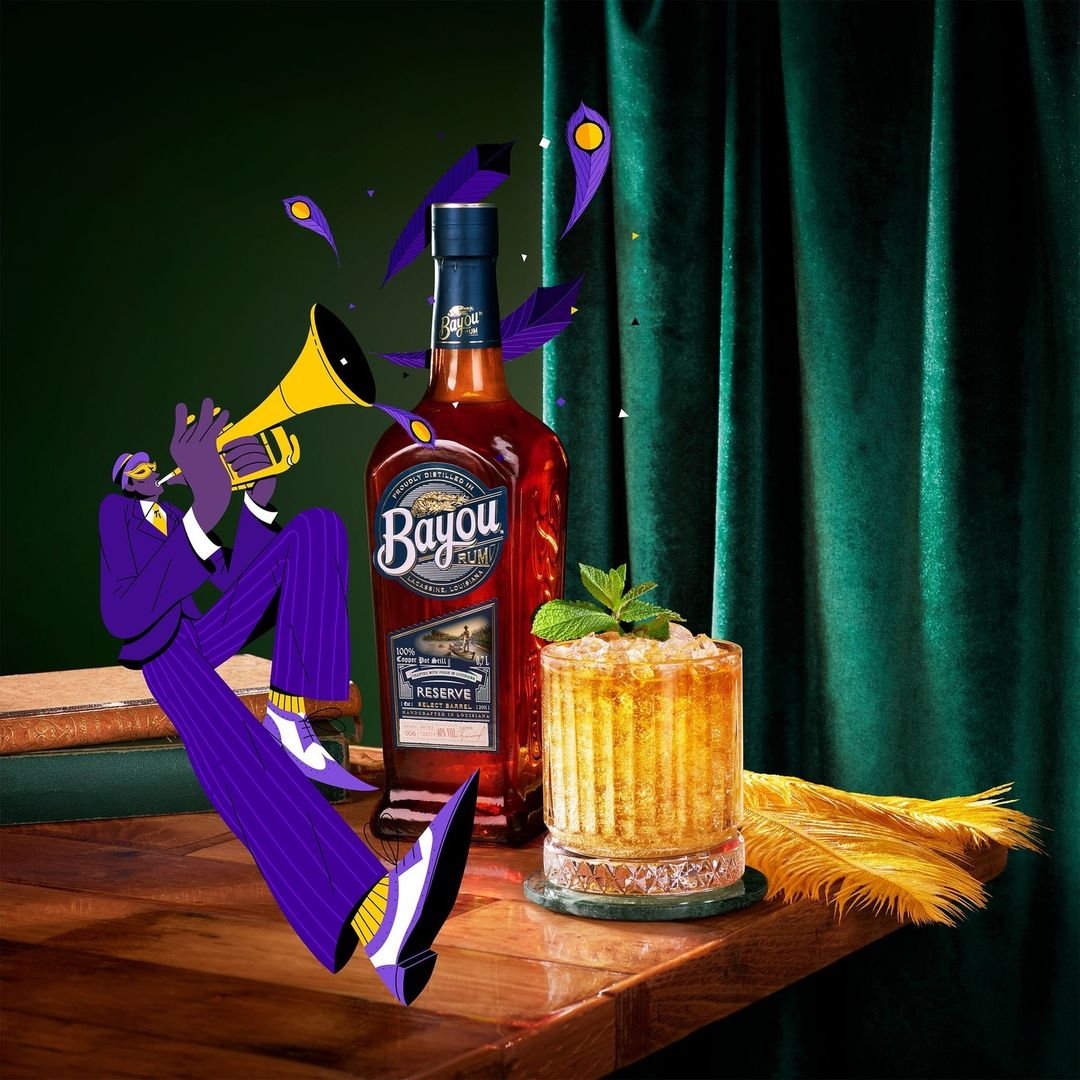 Stylized illustration of a cocktail with mint sprig, bottle of Bayou rum, and animated jazz musician in front of green curtain.