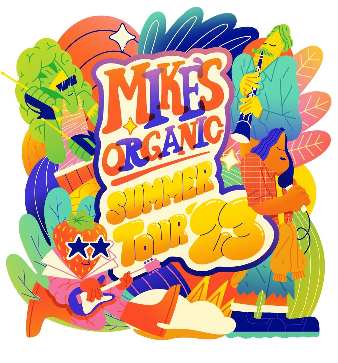 Illustration with musicians, a strawberry character, and text promoting Mike's Organic Summer Tour 2023, vibrant and colorful on a white background.