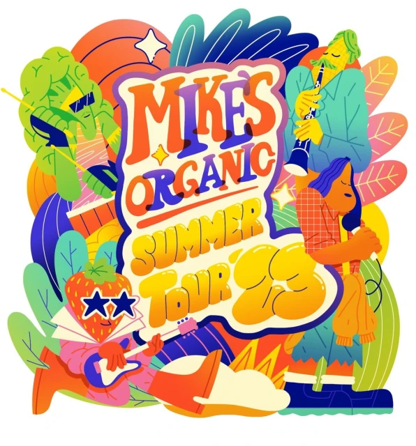 Illustration with musicians, a strawberry character, and text promoting Mike's Organic Summer Tour 2023, vibrant and colorful on a white background.