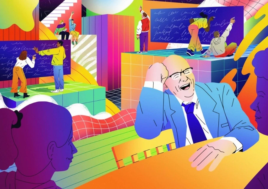 Illustration of adults and children in a classroom-like setting, writing on chalkboards and sitting at desks, with geometric and colorful accents.