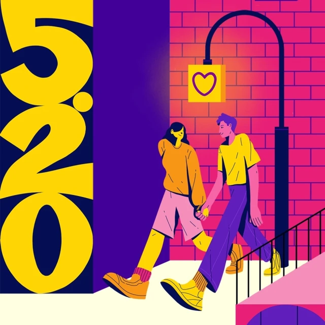 Illustration of a couple walking hand-in-hand at night, under a street light with a heart on it, with 5.20 numbers on left.
