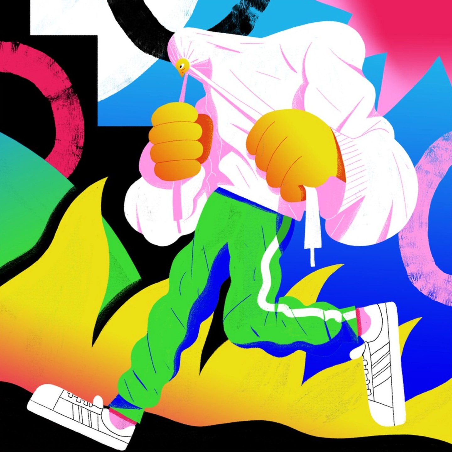 Illustration of a person running in a white hoodie, green patterned pants, and white sneakers against an abstract colorful background.