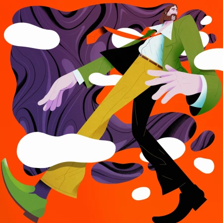 Digital illustration of a man with a beard walking against a vibrant orange backdrop with purple abstract waves and white cloud shapes.