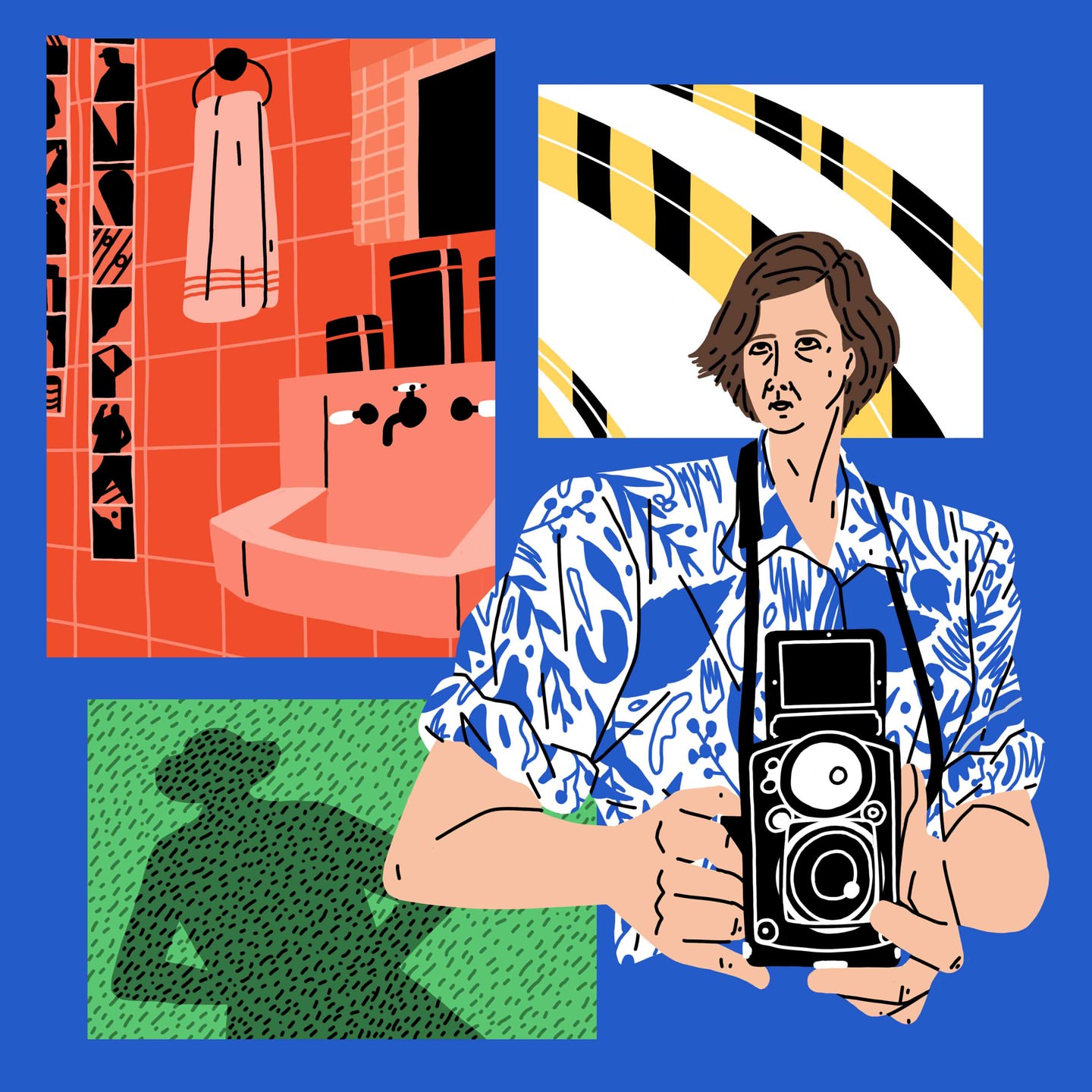 Illustration of a woman with short hair and blue floral shirt, holding a camera. In the background are different abstract images.