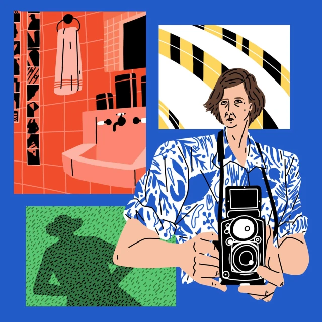 Illustration of a woman with short hair and blue floral shirt, holding a camera. In the background are different abstract images.