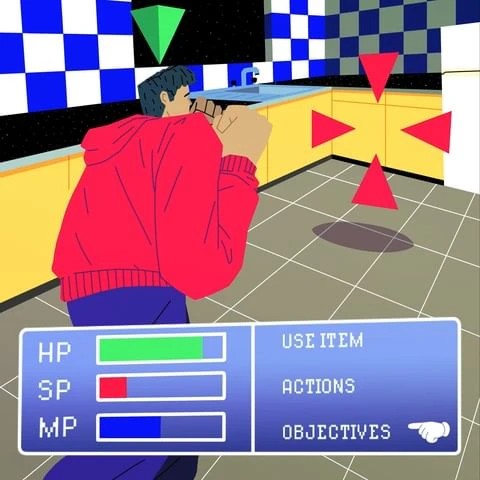 Illustration of a man wearing a red hoodie playing a video game in a retro-style kitchen with blue and white checkered tiling.
