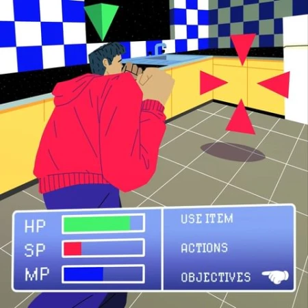 Illustration of a man wearing a red hoodie playing a video game in a retro-style kitchen with blue and white checkered tiling.