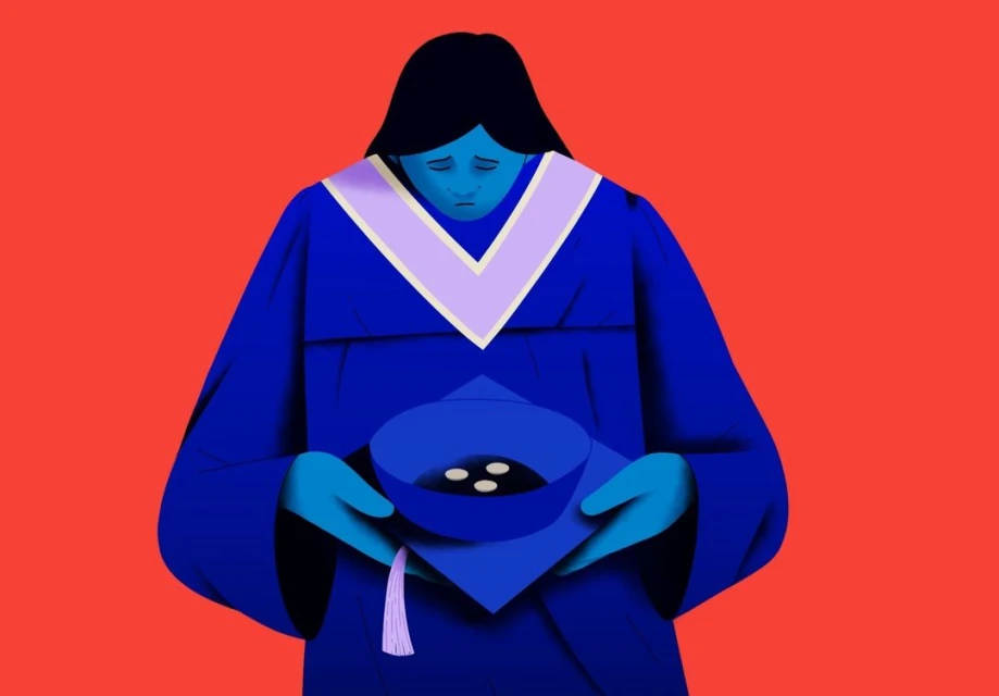 Illustration of a sad-looking graduate in cap and gown holding a graduation cap filled with what appear to be pills or capsules.