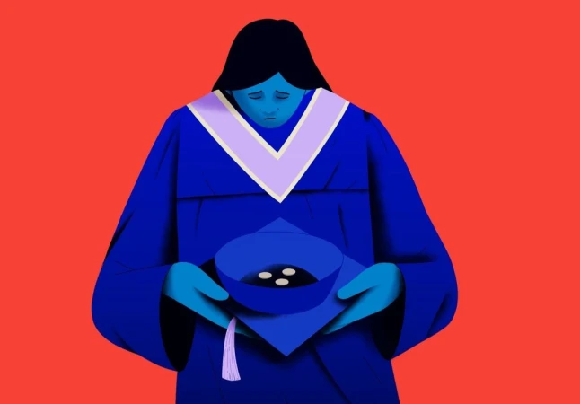 Illustration of a sad-looking graduate in cap and gown holding a graduation cap filled with what appear to be pills or capsules.