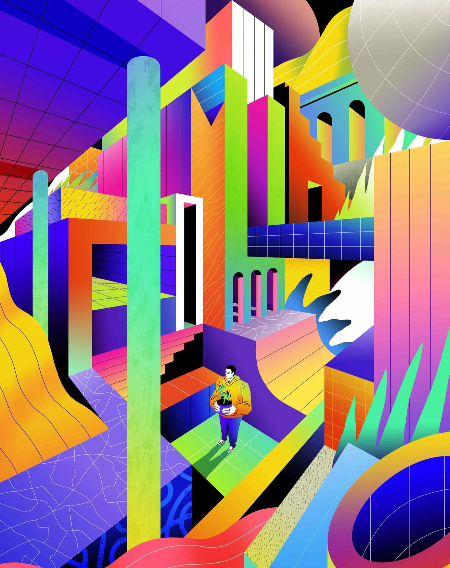 Abstract illustration of a person holding a potted plant in a geometrically complex, colorful cityscape with a surreal atmosphere.