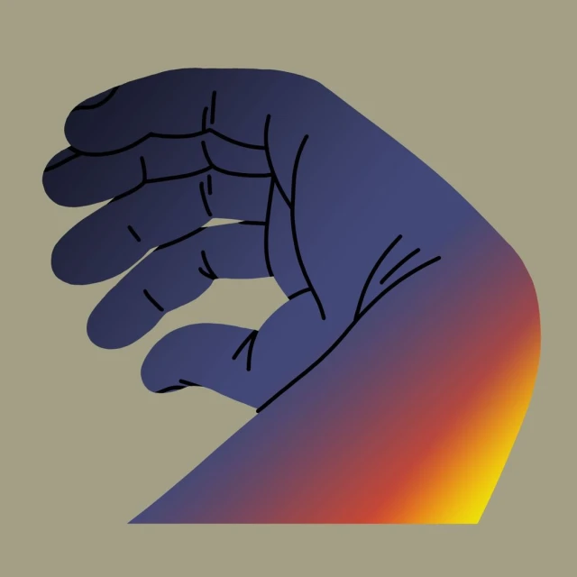 Illustration of a hand with a blue, purple, and yellow gradient on a khaki background, rendered in a simple graphic style.