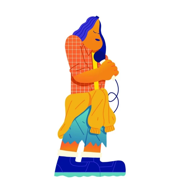 Illustration of a cartoon adult female figure with blue hair, wearing a checkered shirt, pants, and boots, standing against a white background.