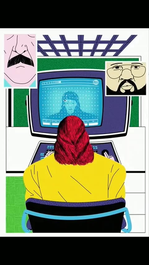 Illustration of a person sitting at a computer, viewed from behind, with floating faces and a geometric background. Digitally drawn.