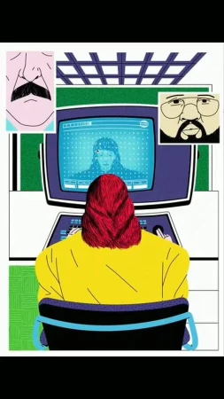 Illustration of a person sitting at a computer, viewed from behind, with floating faces and a geometric background. Digitally drawn.