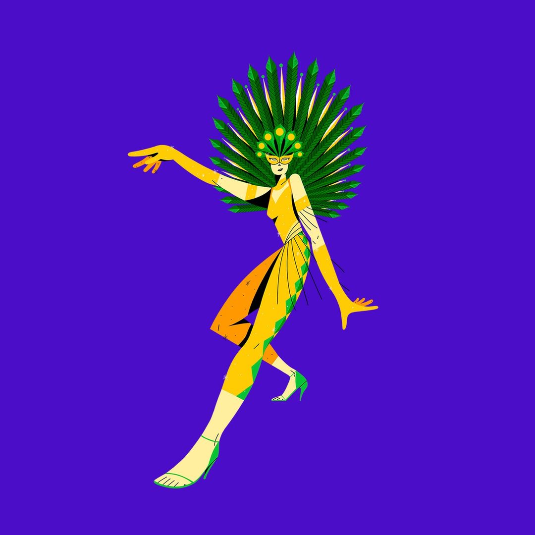 Illustration of a stylized dancer in a feathered headdress and yellow costume dancing against a violet backdrop in an eye-level shot.