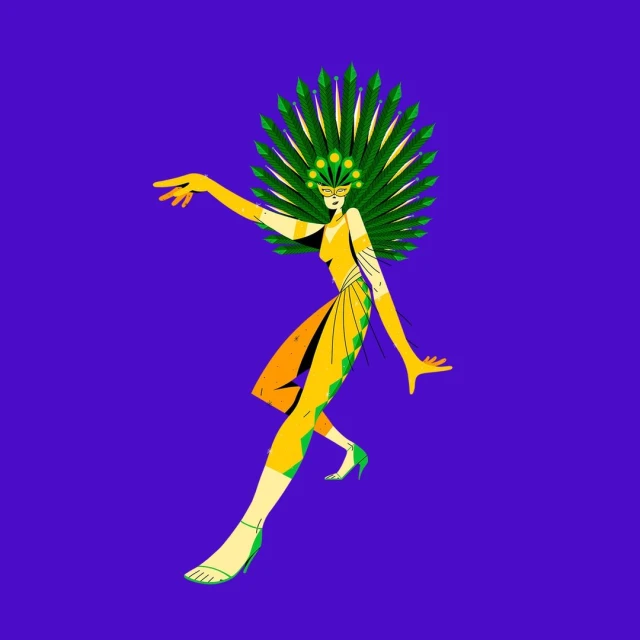 Illustration of a stylized dancer in a feathered headdress and yellow costume dancing against a violet backdrop in an eye-level shot.
