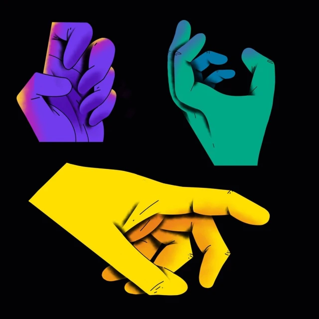 Illustration of three colorful human hands in varied positions against a black background, showcasing purple, green, and yellow tones.