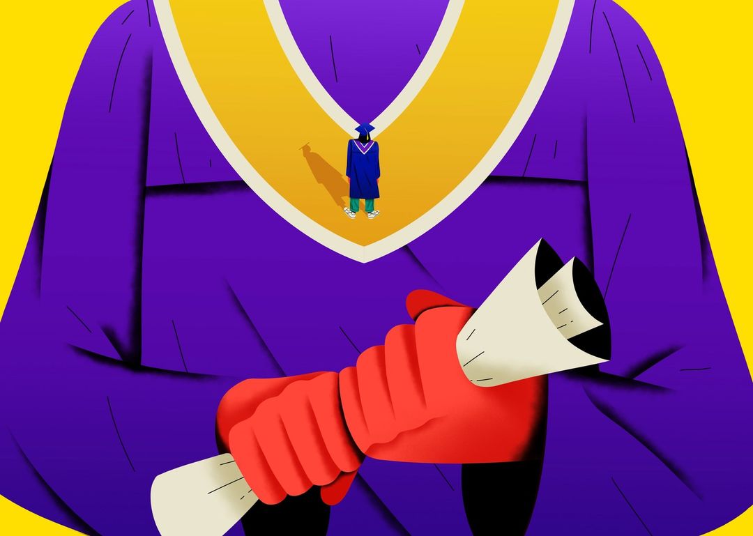 Illustration of a graduate in cap and gown holding a diploma, set against a bright yellow background, designed with clean vector graphics.