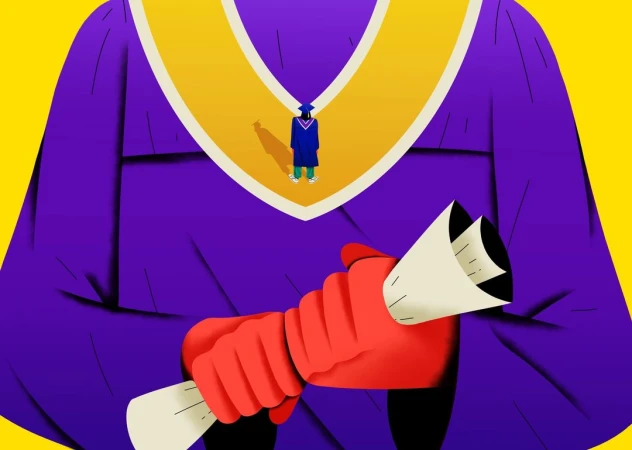Illustration of a graduate in cap and gown holding a diploma, set against a bright yellow background, designed with clean vector graphics.