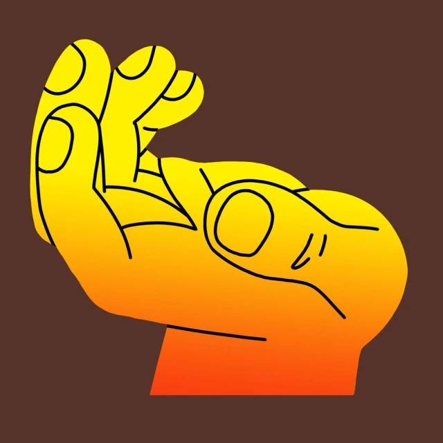 Illustration of a hand in a pinched finger gesture with a gradient fill from yellow to orange against a dark brown background.