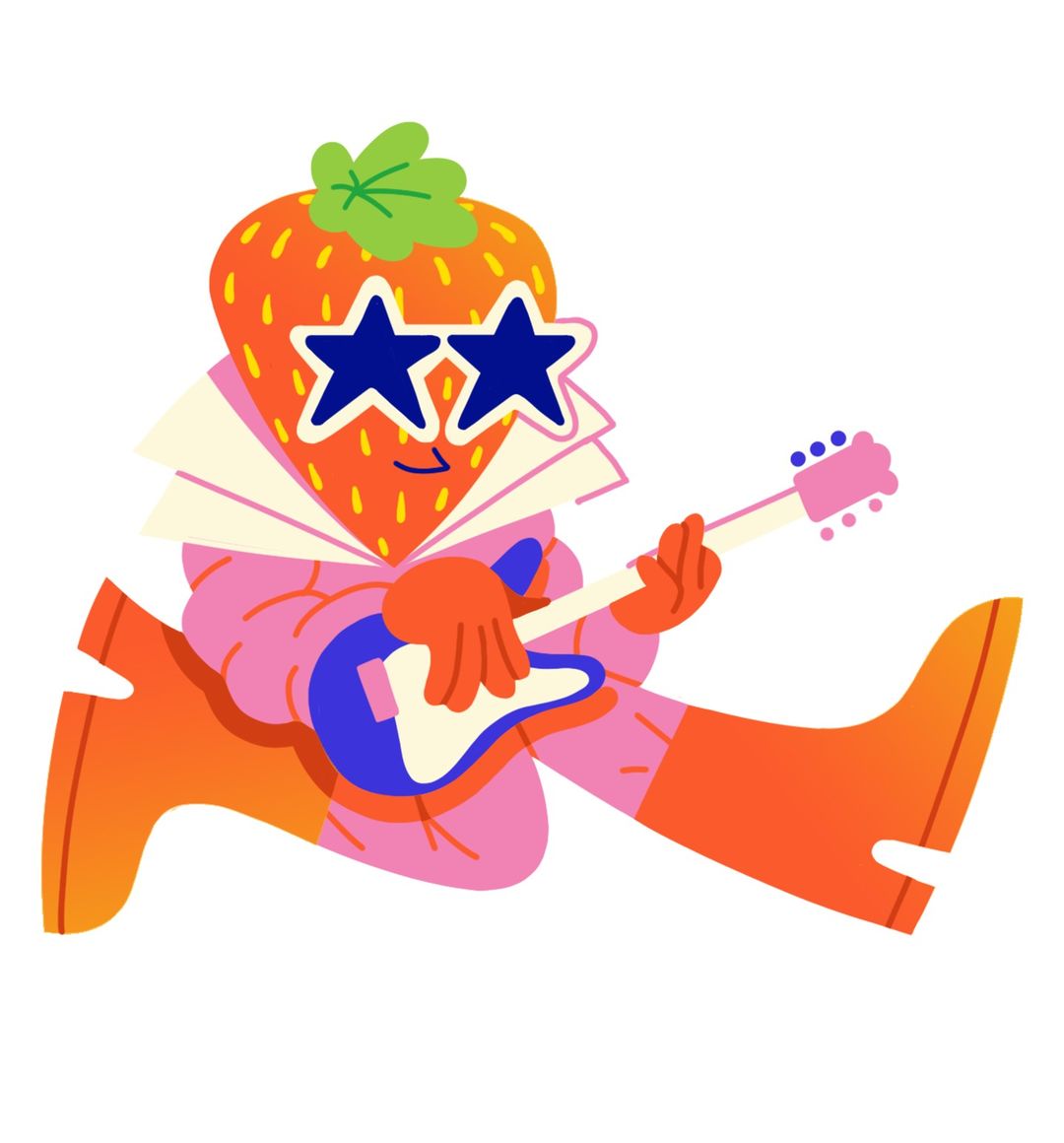 Whimsical cartoon illustration of a strawberry character wearing star-shaped glasses and a pink jumpsuit, playing a blue guitar.