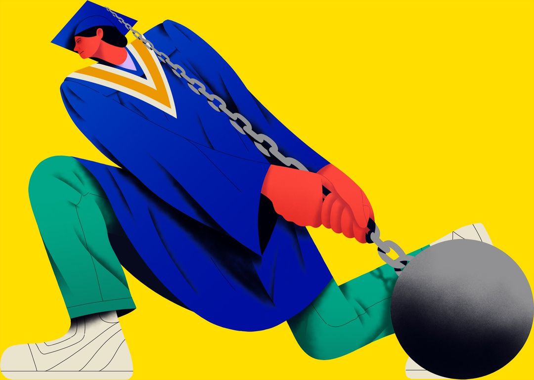 Illustration of a graduate wearing a cap and gown with a ball and chain attached to their ankle, symbolizing student debt.