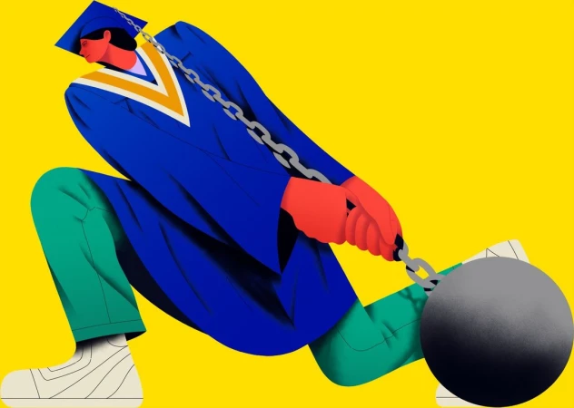 Illustration of a graduate wearing a cap and gown with a ball and chain attached to their ankle, symbolizing student debt.