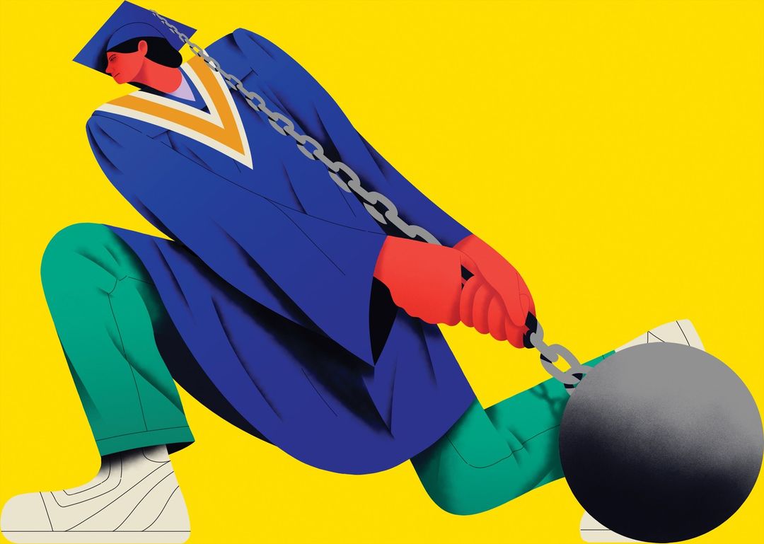 Illustration of a person in a graduation gown shackled to a ball and chain against a vibrant yellow background, symbolizing student debt.