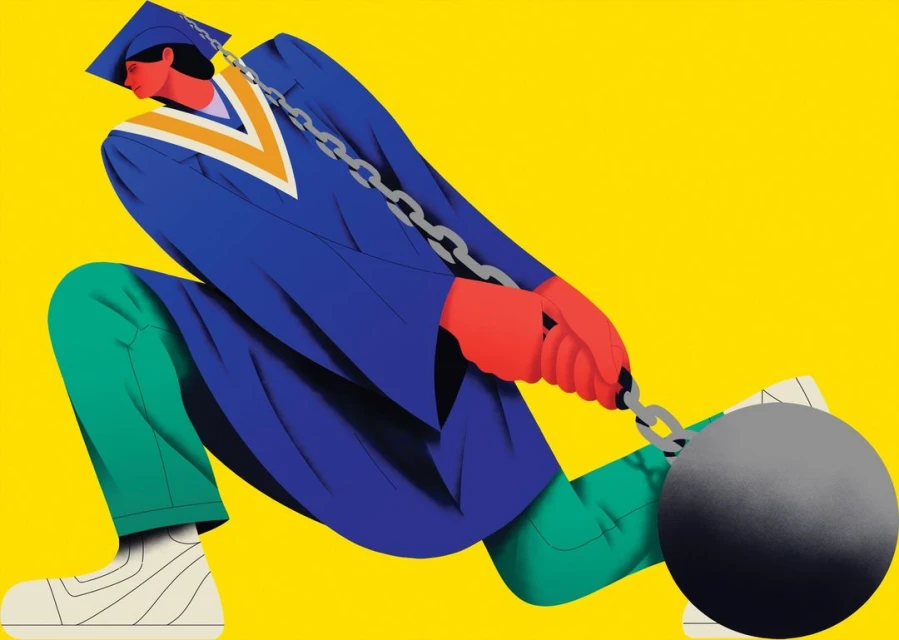 Illustration of a person in a graduation gown shackled to a ball and chain against a vibrant yellow background, symbolizing student debt.