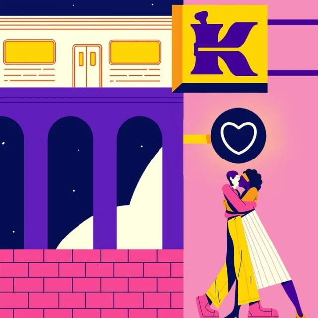 Stylized vector art showcases a couple embracing against a pink background, framed by graphic elements of architecture and a stylized 'K'.