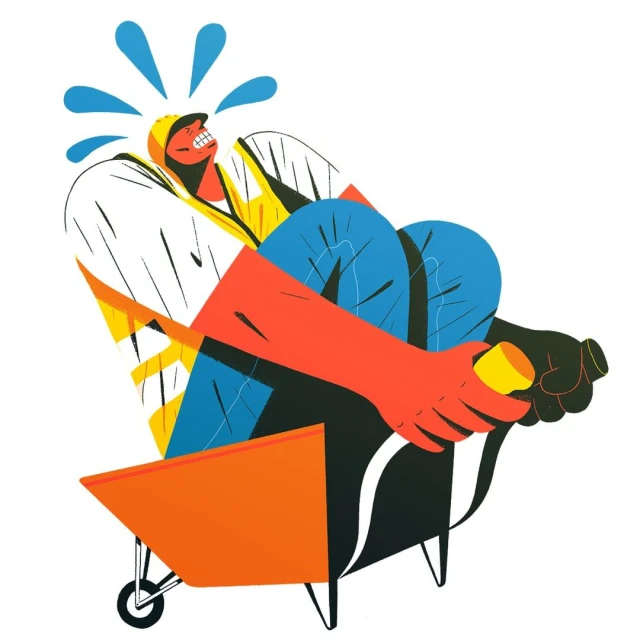 Illustration of a construction worker in a yellow safety vest, seated in an orange wheelbarrow, with blue water droplets above his head.