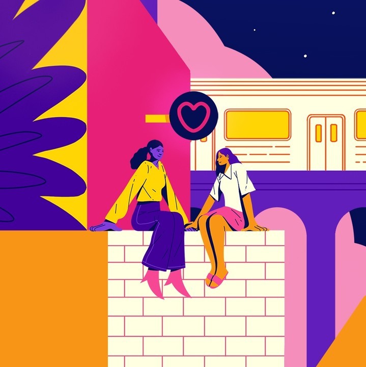 Illustration of two women sitting and holding hands, with a train in the background and colorful geometric shapes around them.