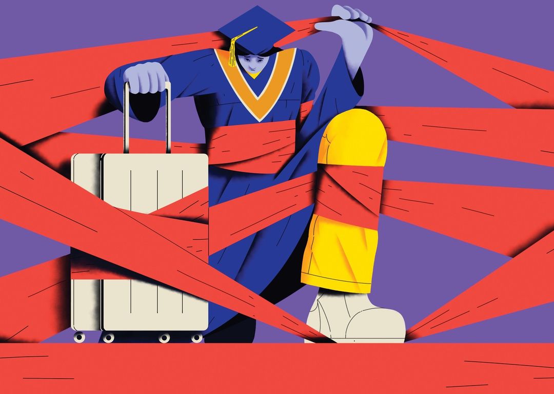 Illustration of a graduate in cap and gown, pulling a suitcase through a maze of red tape, on a purple background.