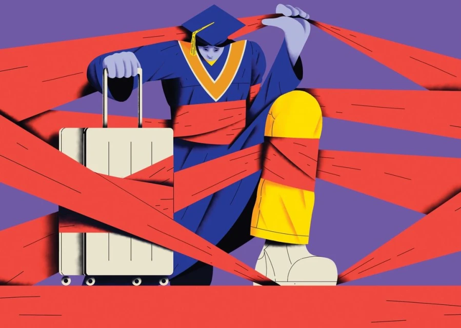 Illustration of a graduate in cap and gown, pulling a suitcase through a maze of red tape, on a purple background.