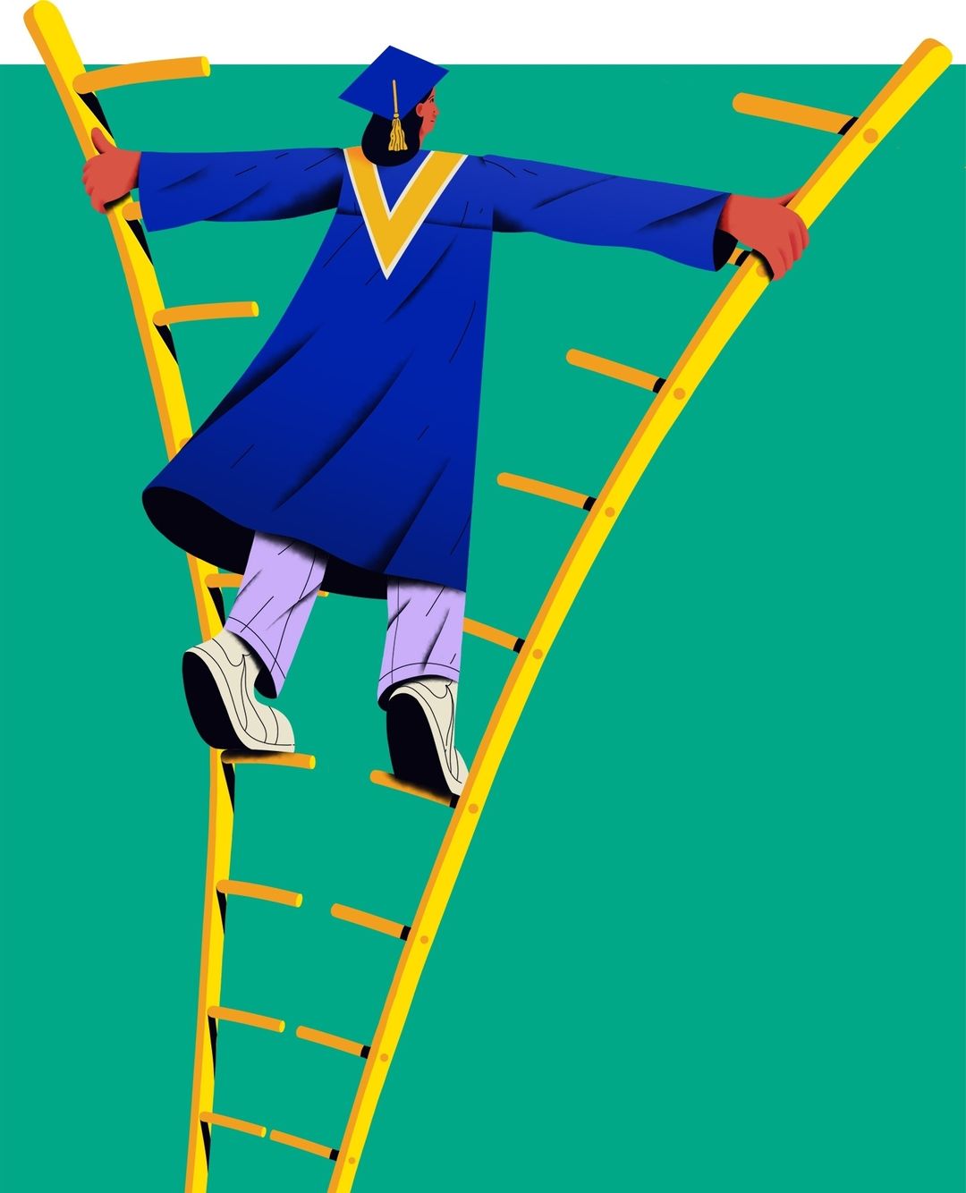 Illustration of a graduate in cap and gown climbing a yellow ladder against a teal background, symbolizing educational and career advancement.