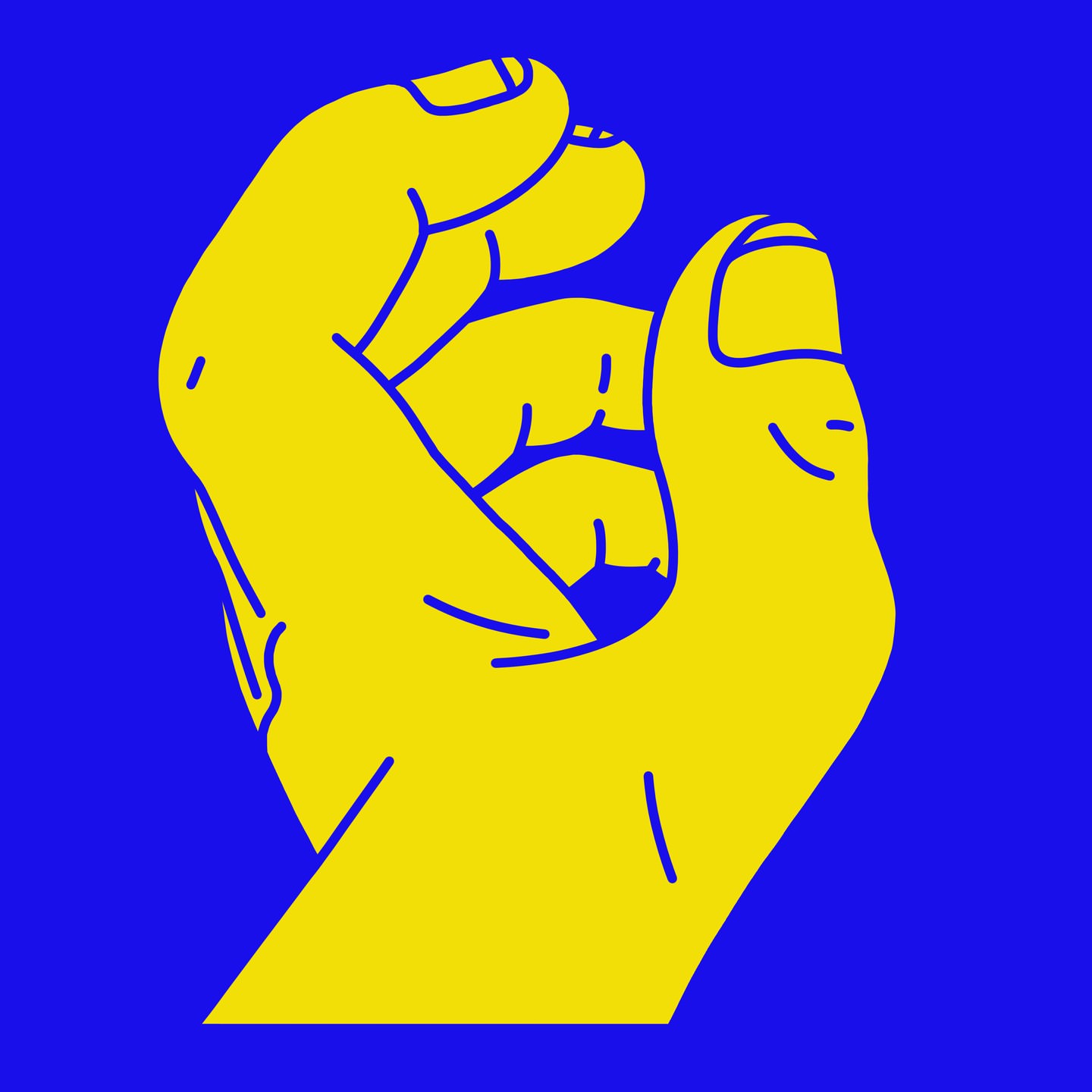 Stylized yellow hand illustration with bold lines on a vibrant blue background, simple and modern graphic design with fingers grasping.