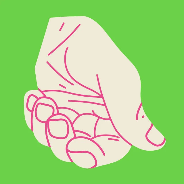 Illustrated close-up of a hand in a cupped pose against a green background, showcasing a simple and graphic aesthetic.