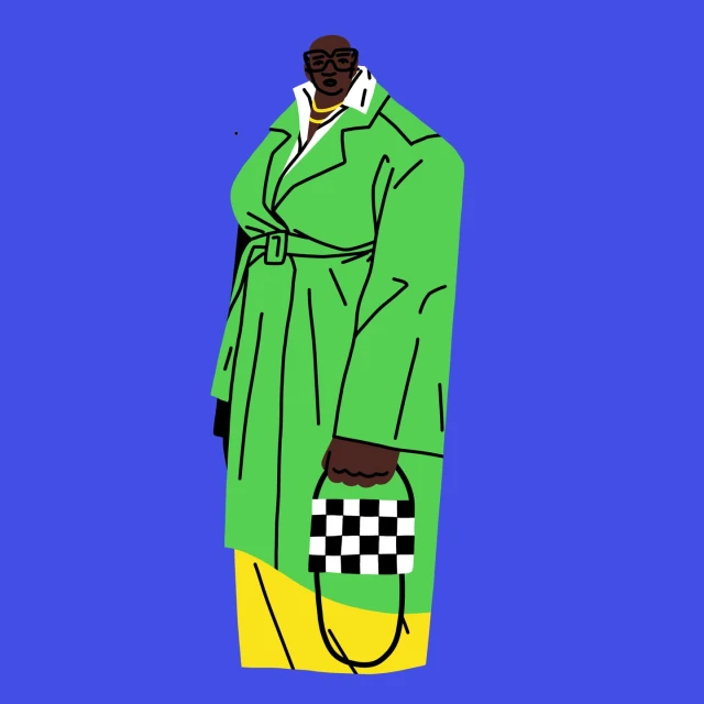 Illustration of a Black woman wearing a green trench coat and carrying a checkered handbag against a blue background.