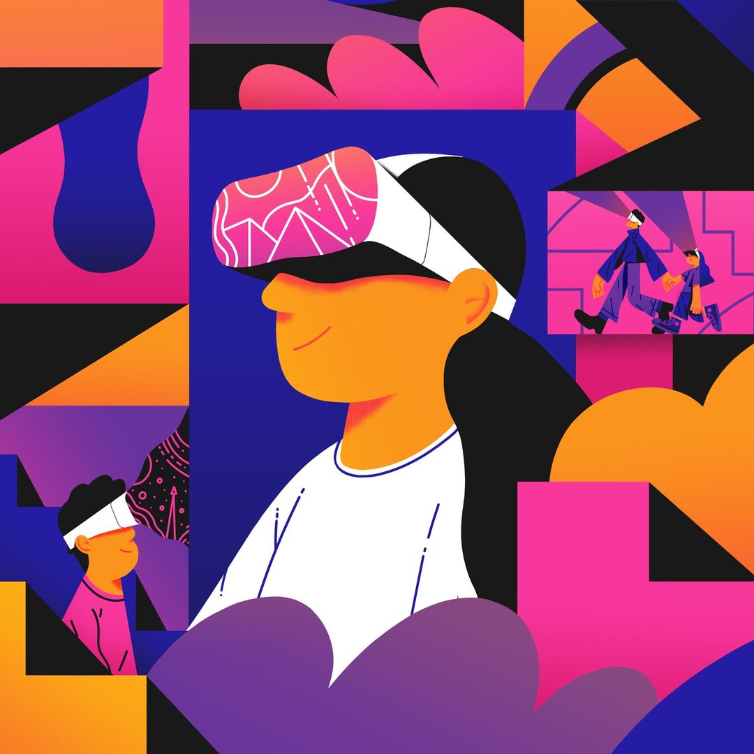 Illustration of a person wearing a VR headset against a colorful geometric background with scenes of people using VR.