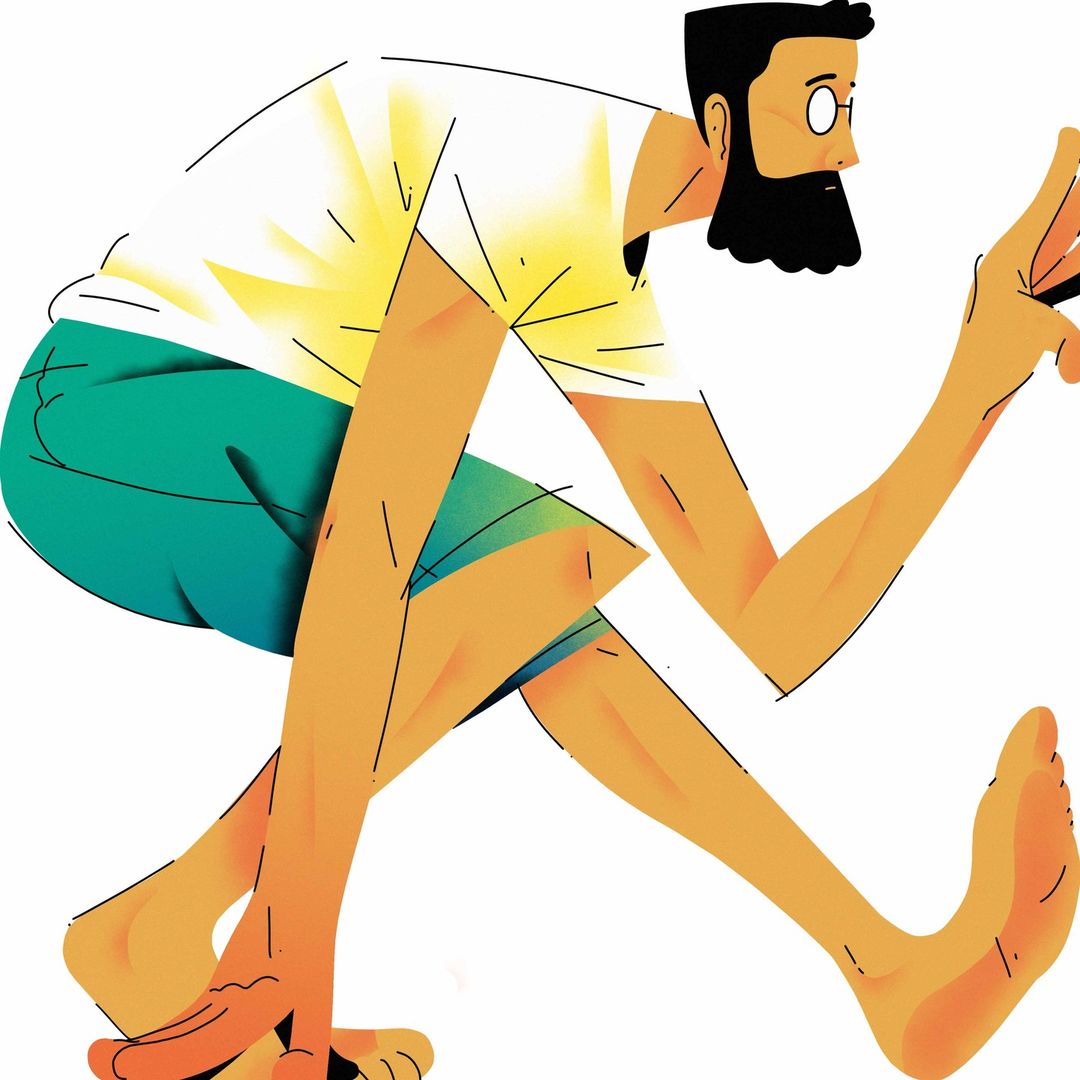 Illustration of a man with a beard and glasses bending over, wearing a white t-shirt and green shorts, isolated on a white background.