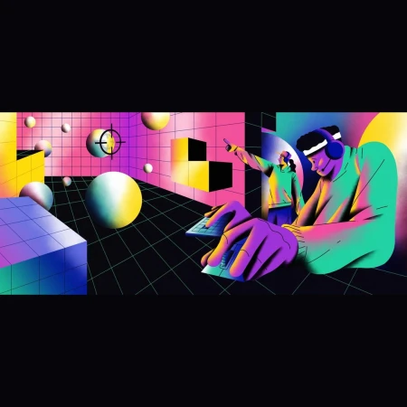 Illustration of two people gaming with VR headsets, featuring colorful retro-futuristic geometric shapes in a grid-based virtual world.