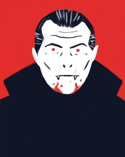 Illustration of a menacing vampire with red eyes and blood around the mouth against a red background. Dark color palette.