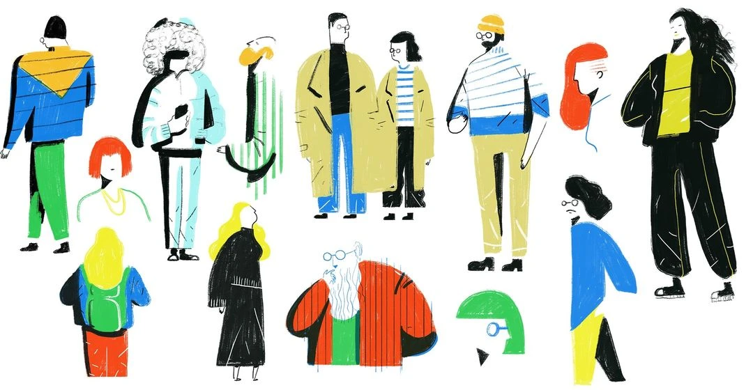 Colorful flat illustration of a diverse group of people in various poses and clothing styles against a white background.